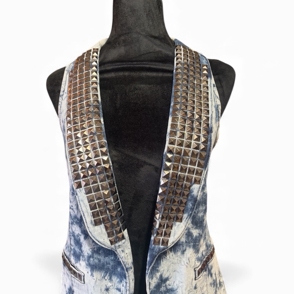 See you Monday, Studded Denim Vest, Sleeveless Tie-Dye Denim Vest, Small - Picture 9 of 12